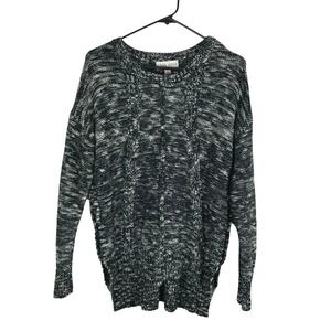 Knox Rose Cable Knit Sweater‎ S Black & White Marled Button Side Slits Hi Lo Hem